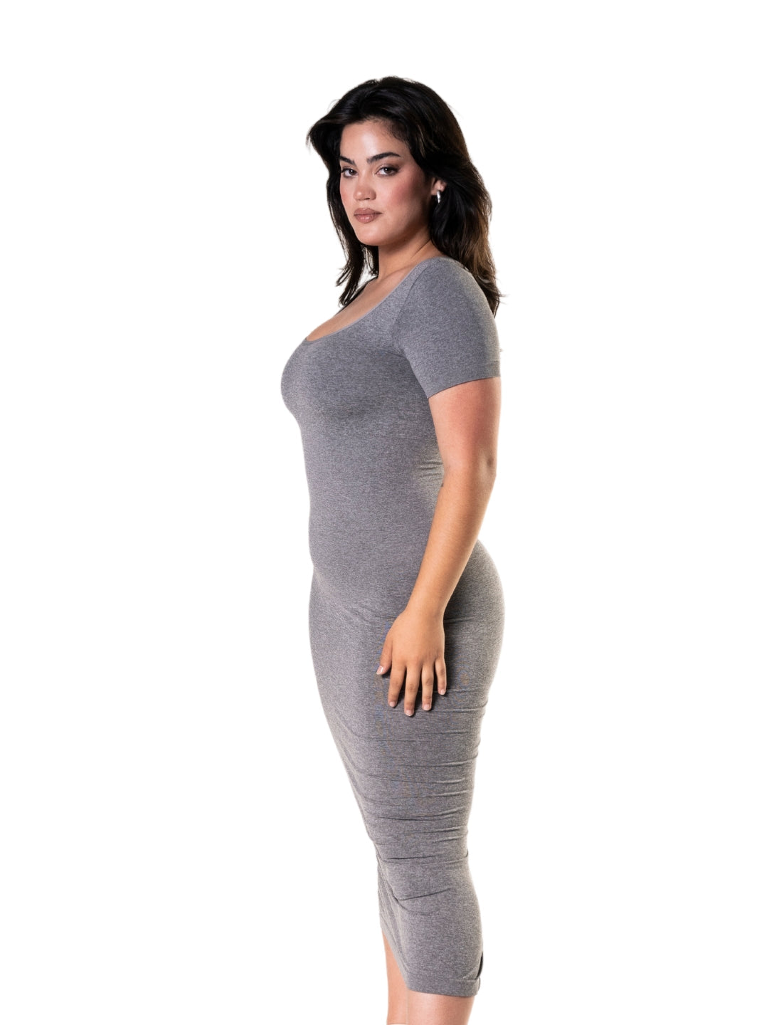 Body Modelador Midi Vestido com Fenda e Mangas Curtas