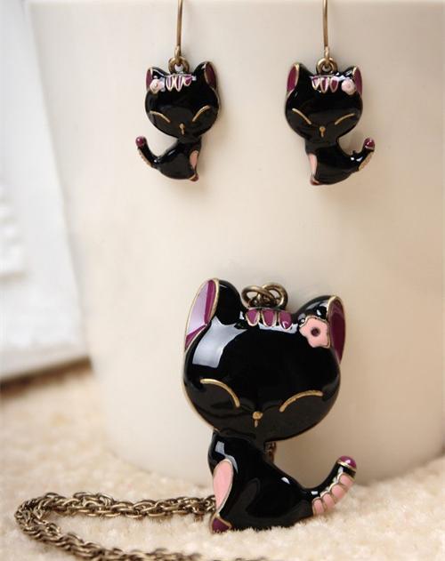 Conjunto de Colar Pingente e Brinco Gatinho