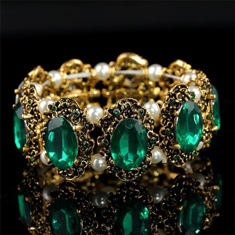 Conjunto Cristal Colar Brincos Pulseira e Anéis de Bronze Antigo